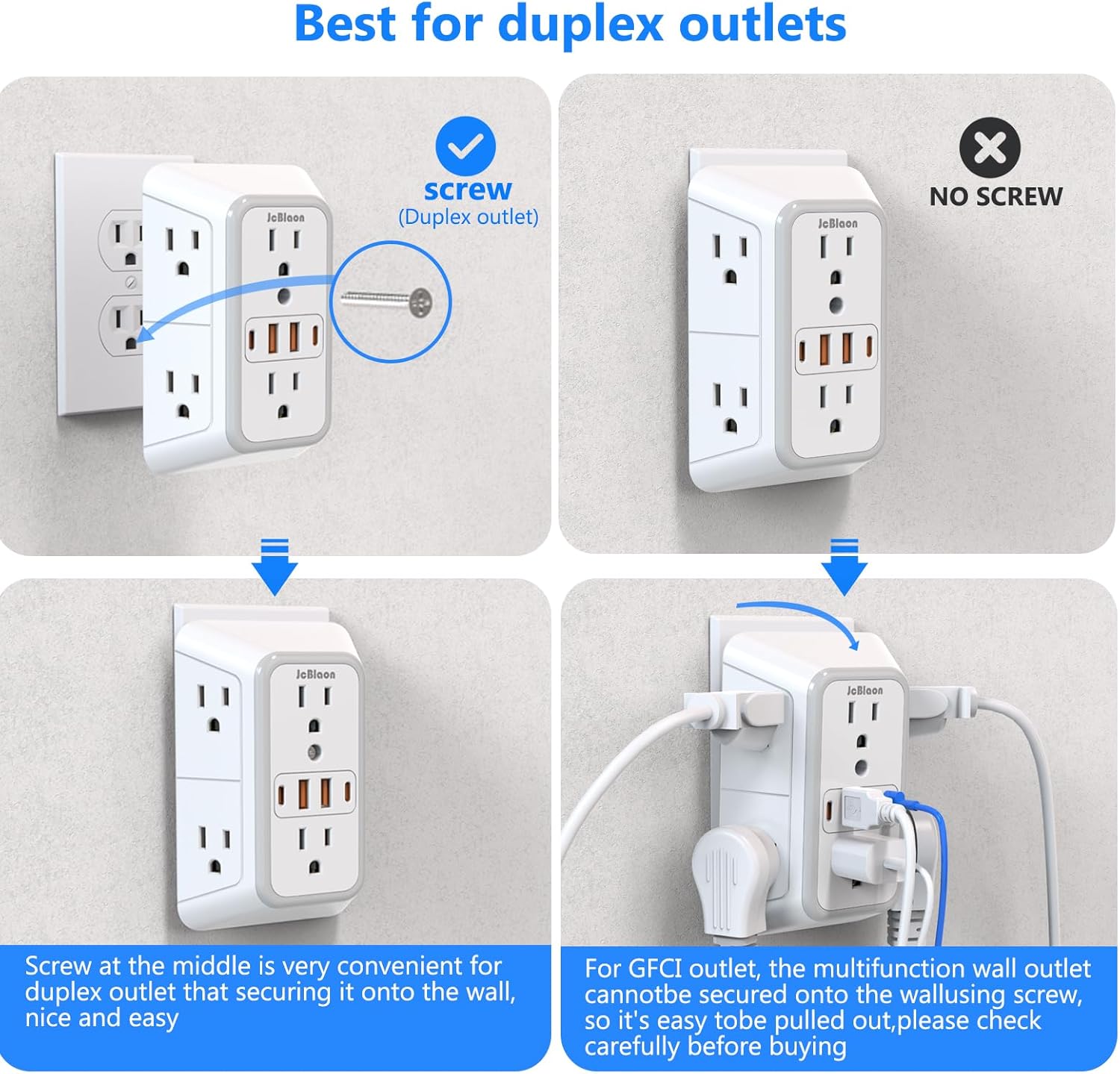 JcBlaon Outlet Extender Surge Protector – 6 Outlet Splitter with 4 USB Ports (2 USB C), Multiple Plug Expander Wall Charger, 3 Sided Multi Plug Wall Adapter Power Strip for Home Office Kitchen Travel