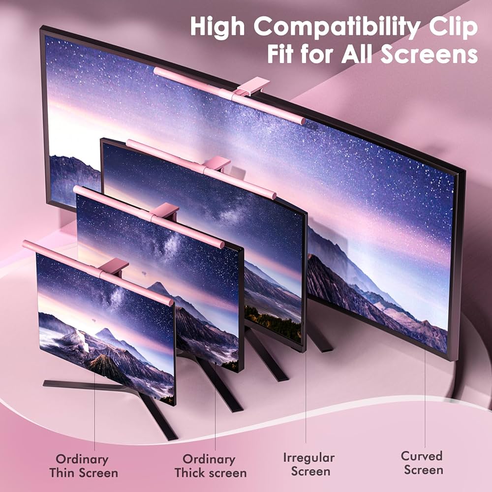 Quntis Pink Monitor Light Bar with Remote, Eye-Care No Glare, Space Saving Computer Desk Lamp As Gifts for Girls, Stepless Dimming, Modern Aesthetic Desk Light Bar for Home Office Gaming Reading