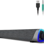 SOULION R30 Computer Speakers, USB Powered PC Speaker, Colorful LED Lights with Switch Button, 3.5mm Aux Surround Soundbar for Desktop Laptop Monitor Office Work Music Gray