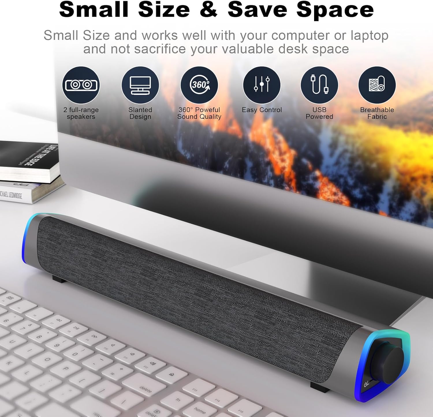 SOULION R30 Computer Speakers, USB Powered PC Speaker, Colorful LED Lights with Switch Button, 3.5mm Aux Surround Soundbar for Desktop Laptop Monitor Office Work Music Gray