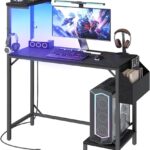 Gaming Desk, Computer Desk with Charging Station and LED Light, Small PC Desk with Side Storage Bag and Shelves, 2 Hooks, for Living Room, Home Office, Bedroom Black CDHS134E01