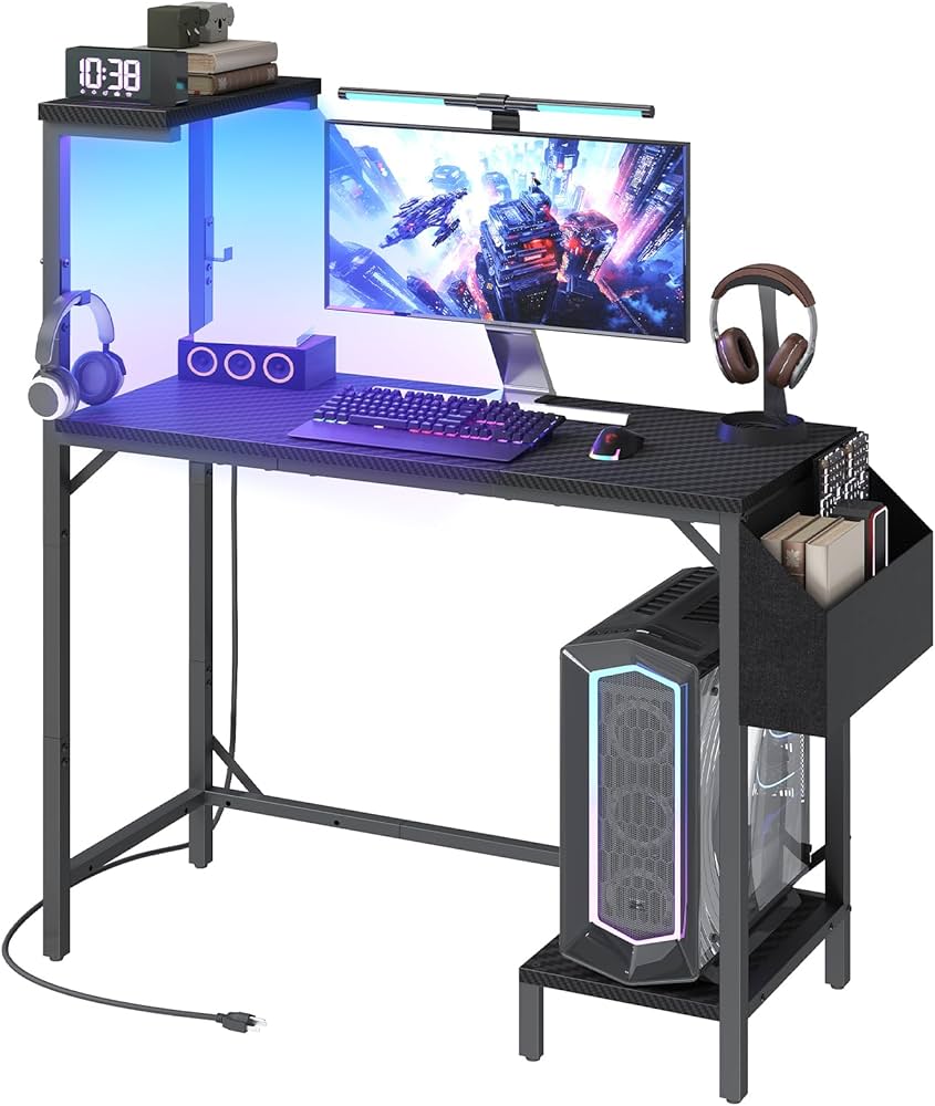 Gaming Desk, Computer Desk with Charging Station and LED Light, Small PC Desk with Side Storage Bag and Shelves, 2 Hooks, for Living Room, Home Office, Bedroom Black CDHS134E01