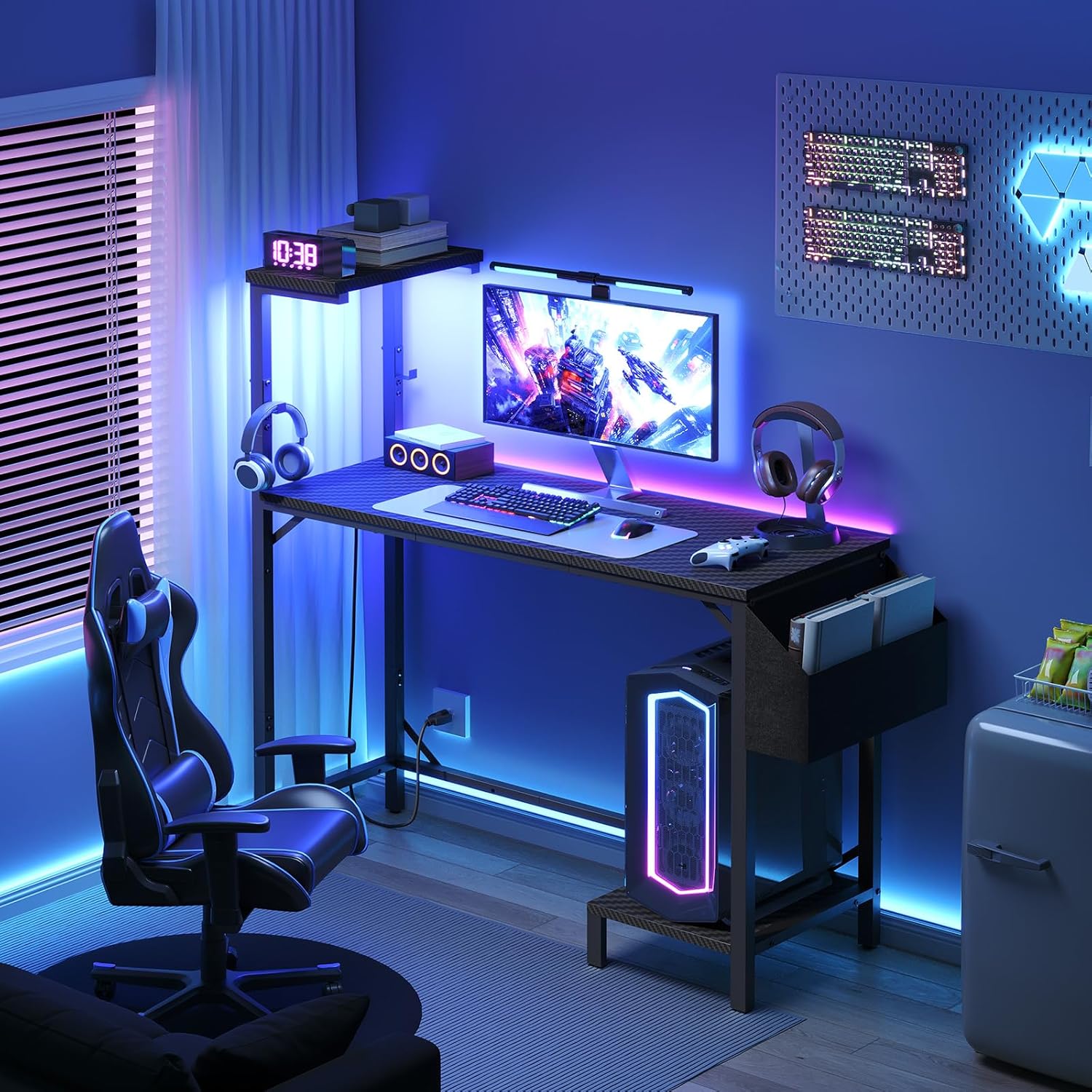 Gaming Desk, Computer Desk with Charging Station and LED Light, Small PC Desk with Side Storage Bag and Shelves, 2 Hooks, for Living Room, Home Office, Bedroom Black CDHS134E01