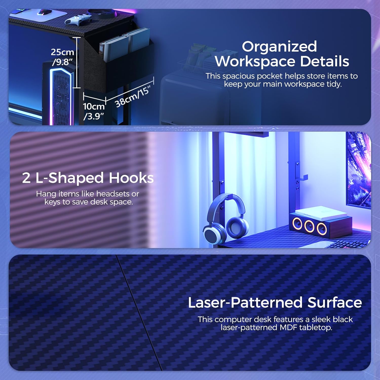 Gaming Desk, Computer Desk with Charging Station and LED Light, Small PC Desk with Side Storage Bag and Shelves, 2 Hooks, for Living Room, Home Office, Bedroom Black CDHS134E01