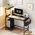 Gaming Desk, Computer Desk with Charging Station and LED Light, Small PC Desk with Side Storage Bag and Shelves, 2 Hooks, for Living Room, Home Office, Bedroom Black CDHS134E01