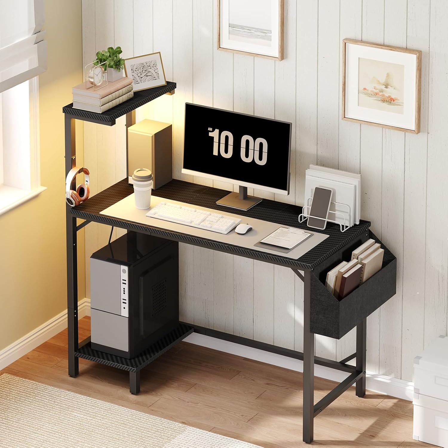 Gaming Desk, Computer Desk with Charging Station and LED Light, Small PC Desk with Side Storage Bag and Shelves, 2 Hooks, for Living Room, Home Office, Bedroom Black CDHS134E01