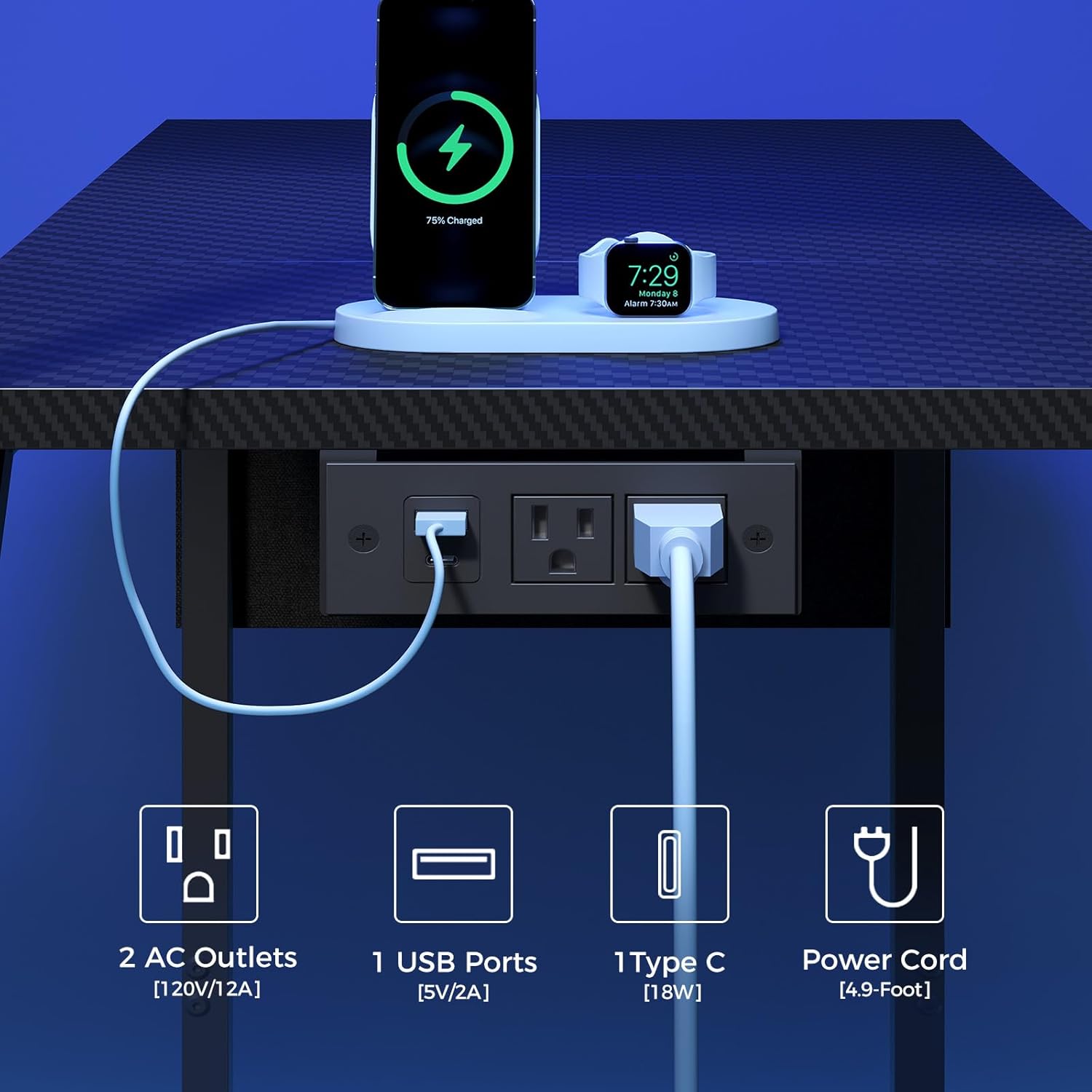 Gaming Desk, Computer Desk with Charging Station and LED Light, Small PC Desk with Side Storage Bag and Shelves, 2 Hooks, for Living Room, Home Office, Bedroom Black CDHS134E01