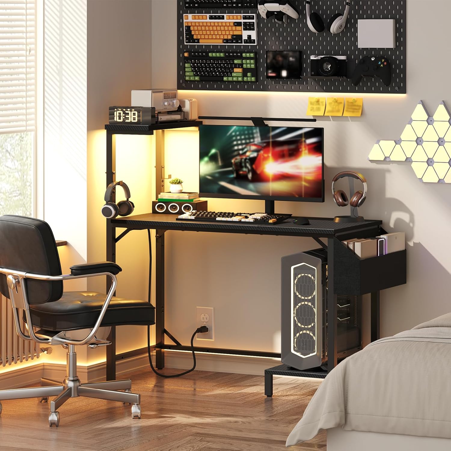 Gaming Desk, Computer Desk with Charging Station and LED Light, Small PC Desk with Side Storage Bag and Shelves, 2 Hooks, for Living Room, Home Office, Bedroom Black CDHS134E01