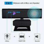 Full 1080P HD 3-in-1 Webcam: Camera and Speaker for Desktop Computer with Built-in 4 Microphones, External USB Web Cam with Magnetic Privacy Cover and Mute for Laptop, Streaming, Conference
