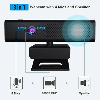 Full 1080P HD 3-in-1 Webcam: Camera and Speaker for Desktop Computer with Built-in 4 Microphones, External USB Web Cam with Magnetic Privacy Cover and Mute for Laptop, Streaming, Conference
