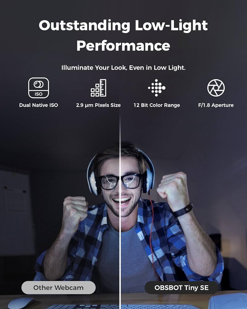 OBSBOT Tiny SE 1080P 100FPS Webcam for PC, AI Tracking PTZ Streaming Camera with 1/2.8″ Sensor, Gesture Control, Dual ISO, Staggered HDR, Web Camera for Desktop Computer, Laptop, Meeting, Video Calls