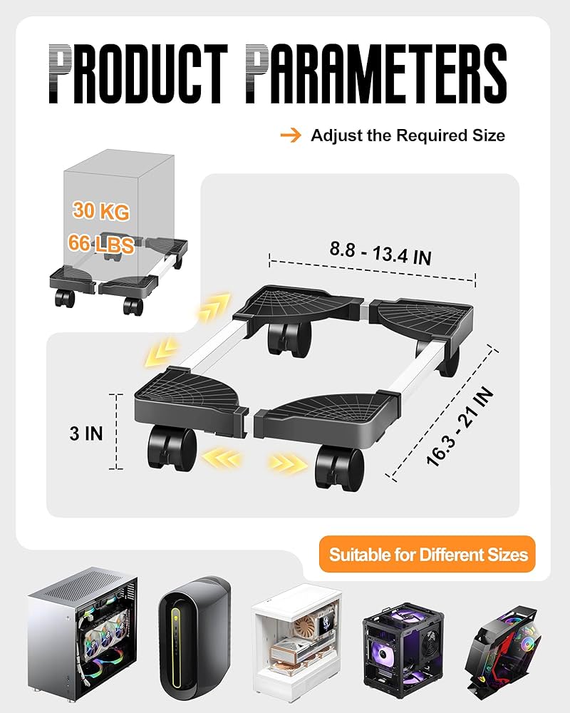 Computer Tower Stand, Adjustable Mobile CPU Stand with Rolling Caster Wheels, Premium PC Tower Stand Holder for Floor Carpet Gaming PC Case