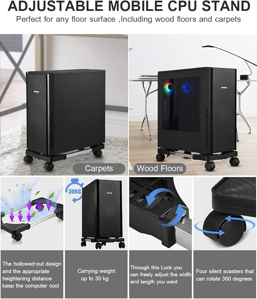 Computer Tower Stand, Adjustable Mobile CPU Stand with Rolling Caster Wheels, Premium PC Tower Stand Holder for Floor Carpet Gaming PC Case