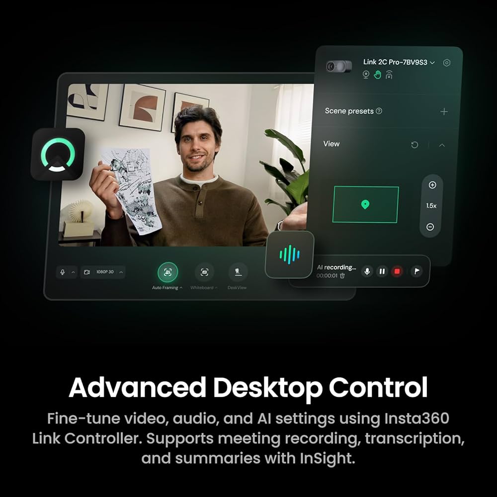 Insta360 Link 2C Pro – 4K Webcam for PC/Mac, 1/1.3” Sensor, Low-Light, Auto Framing, HDR, Directional Noise-Canceling Mics, Supports Stream Deck, Zoom, Teams, Twitch for Streaming or Meetings