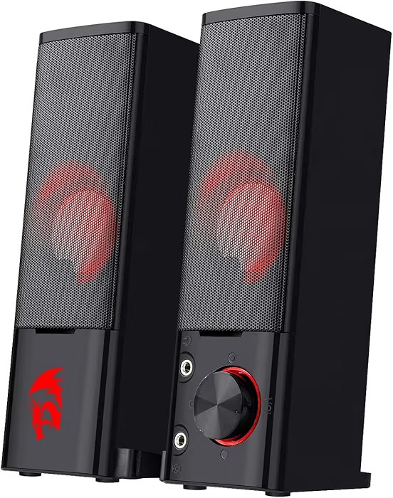 Redragon GS550 PC Gaming Speakers, 2.0 Channel Desktop Computer Sound Bar with Compact Maneuverable Size, Headphone Jack, Quality Bass & Decent Red Backlit, USB Powered w/ 3.5mm Cable