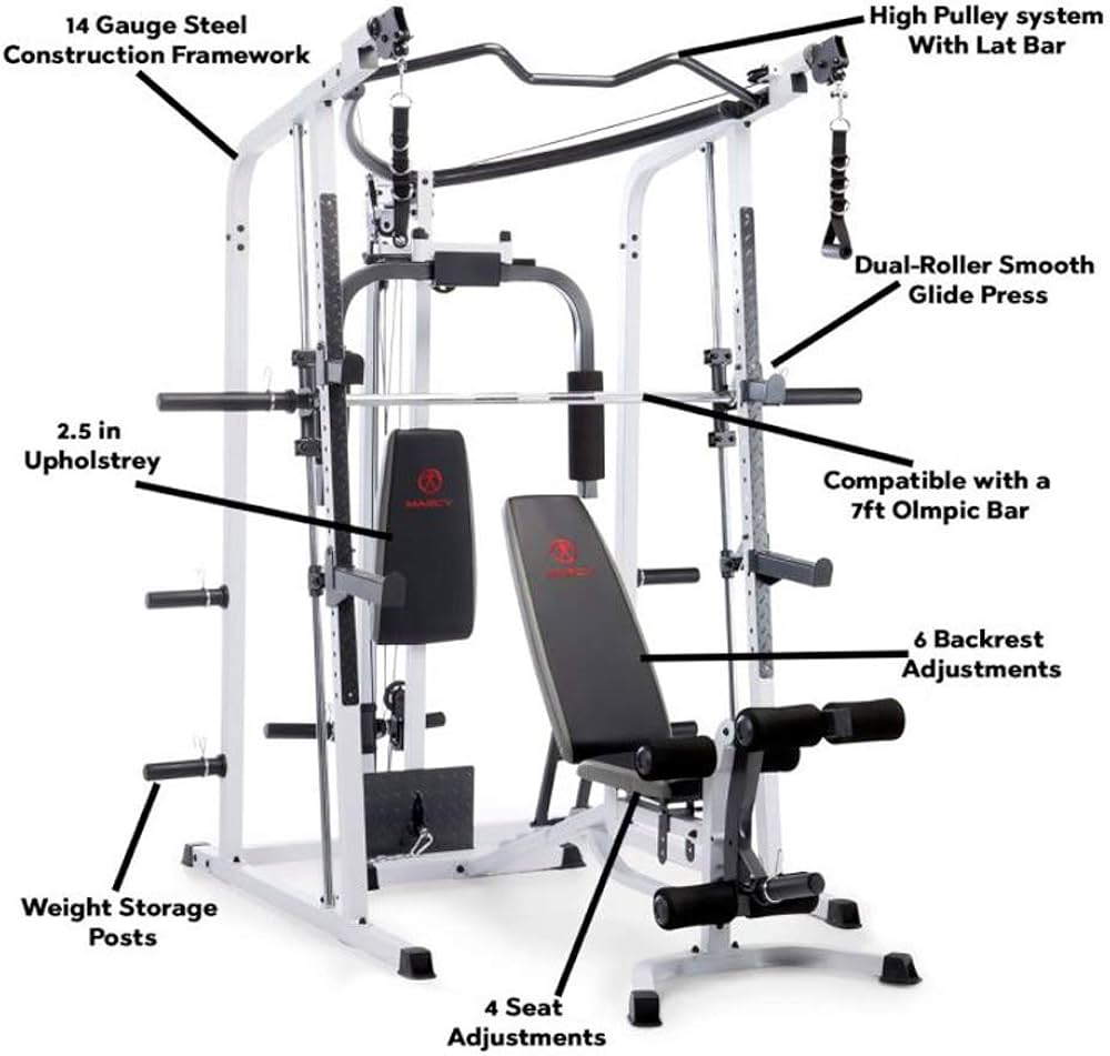 Marcy Smith Cage Workout Machine Full Body StrengthTraining Home Gym Equipment System with Leg Developer, Press Bar, PEC Deck, and Squat Rack