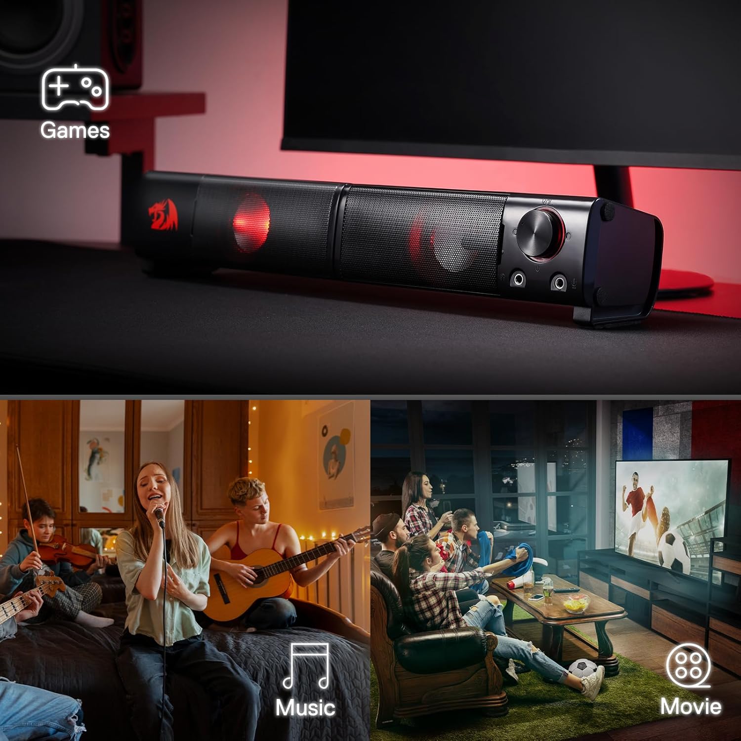 Redragon GS550 PC Gaming Speakers, 2.0 Channel Desktop Computer Sound Bar with Compact Maneuverable Size, Headphone Jack, Quality Bass & Decent Red Backlit, USB Powered w/ 3.5mm Cable