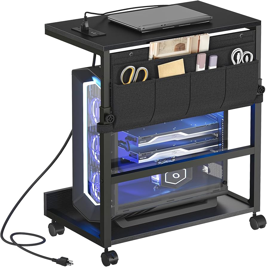 HOOBRO PC Stand with Charging Station, Height Adjustable Computer Tower Stand, 21.7″ L x 13.8″ W Mobile PC Tower Stand with Locking Casters & Storage Pockets, CPU Holder Stand Under Desk, for Home Office, Bedroom BB72UCJ01