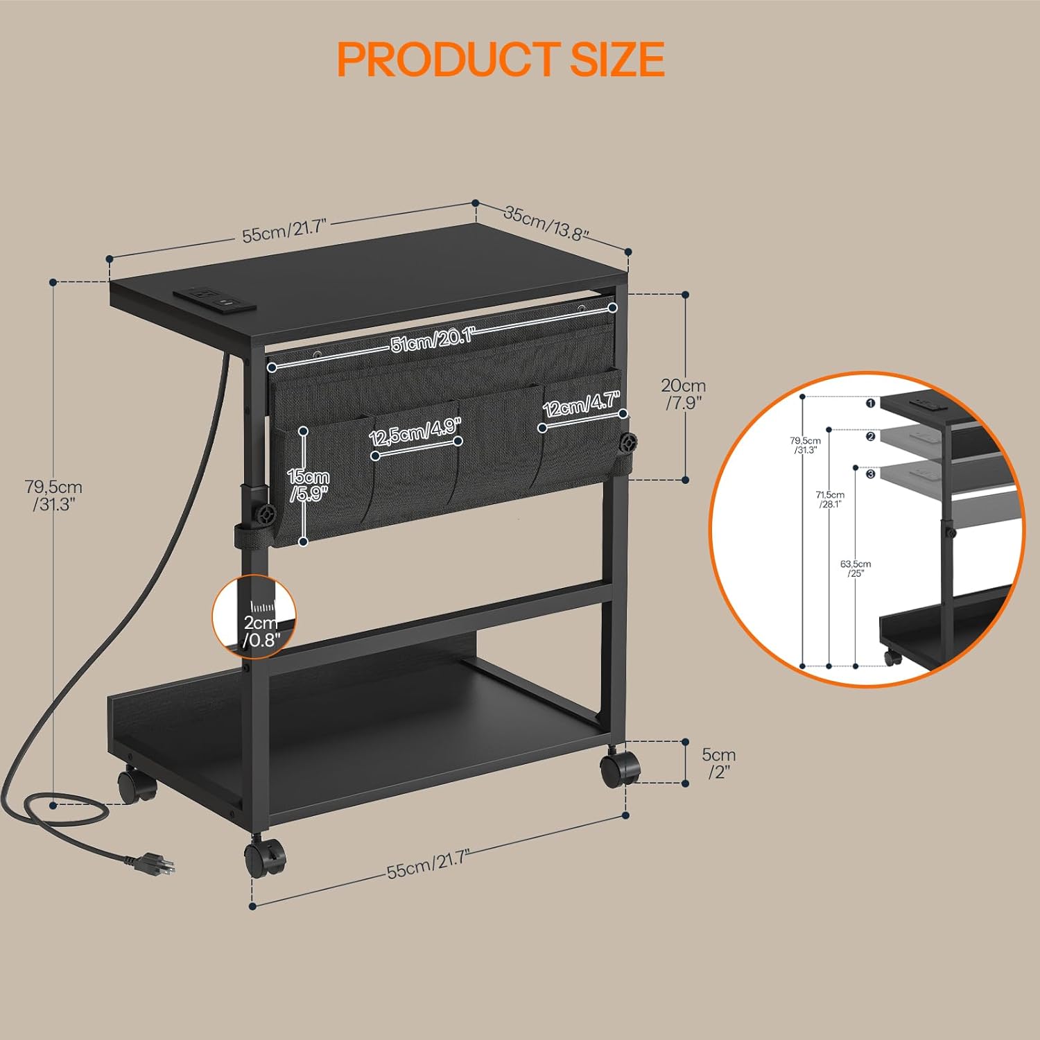 HOOBRO PC Stand with Charging Station, Height Adjustable Computer Tower Stand, 21.7″ L x 13.8″ W Mobile PC Tower Stand with Locking Casters & Storage Pockets, CPU Holder Stand Under Desk, for Home Office, Bedroom BB72UCJ01