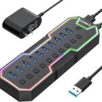 ZIUMIER Powered USB Hub, 10 Ports USB 3.0 Hub with RGB LED Strip and 12V/2A Power Adapter USB Extension,Individual LED On/Off Switches for Mac, PC, Desktop, Flash Drive, Mobile HDD