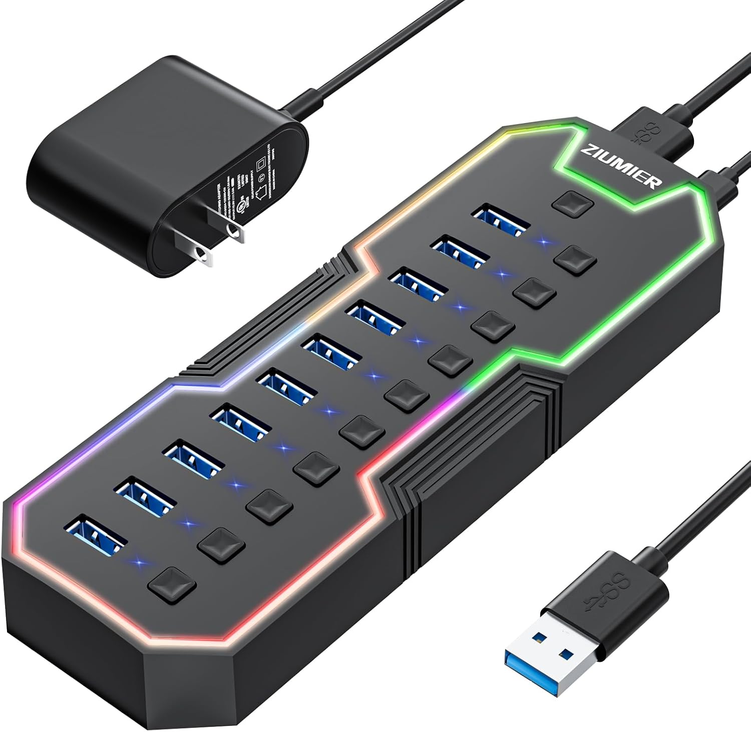 ZIUMIER Powered USB Hub, 10 Ports USB 3.0 Hub with RGB LED Strip and 12V/2A Power Adapter USB Extension,Individual LED On/Off Switches for Mac, PC, Desktop, Flash Drive, Mobile HDD