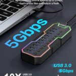 ZIUMIER Powered USB Hub, 10 Ports USB 3.0 Hub with RGB LED Strip and 12V/2A Power Adapter USB Extension,Individual LED On/Off Switches for Mac, PC, Desktop, Flash Drive, Mobile HDD