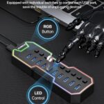 ZIUMIER Powered USB Hub, 10 Ports USB 3.0 Hub with RGB LED Strip and 12V/2A Power Adapter USB Extension,Individual LED On/Off Switches for Mac, PC, Desktop, Flash Drive, Mobile HDD