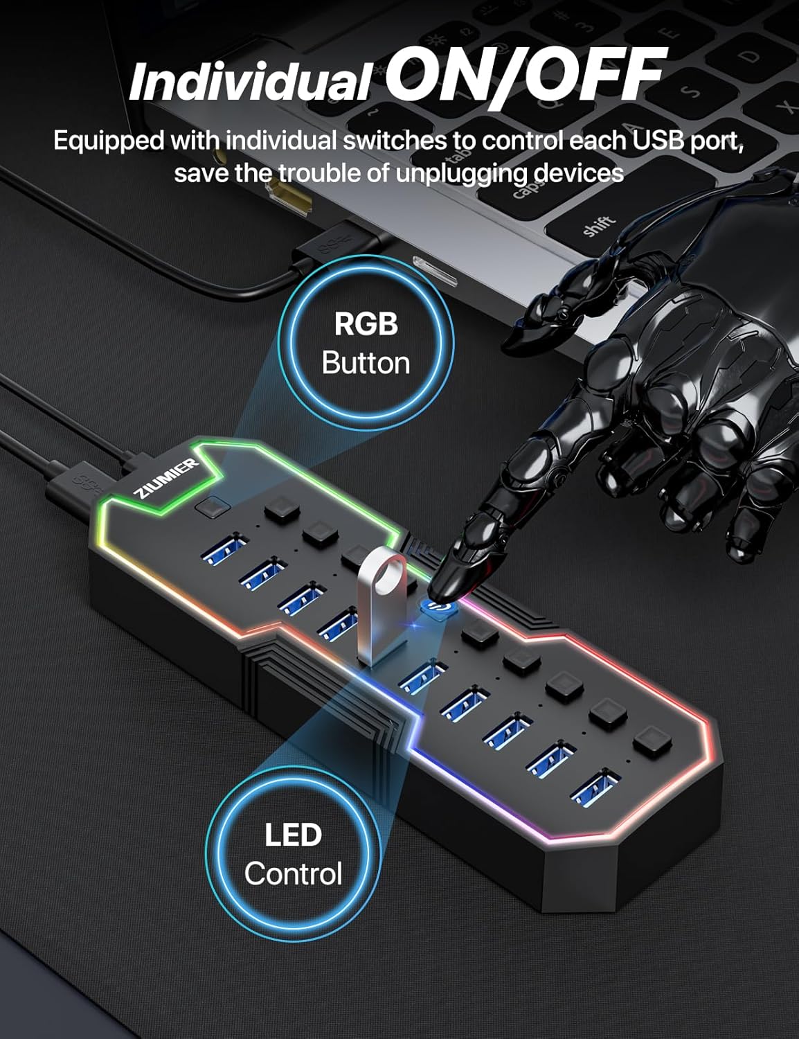 ZIUMIER Powered USB Hub, 10 Ports USB 3.0 Hub with RGB LED Strip and 12V/2A Power Adapter USB Extension,Individual LED On/Off Switches for Mac, PC, Desktop, Flash Drive, Mobile HDD