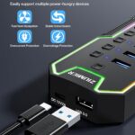 ZIUMIER Powered USB Hub, 10 Ports USB 3.0 Hub with RGB LED Strip and 12V/2A Power Adapter USB Extension,Individual LED On/Off Switches for Mac, PC, Desktop, Flash Drive, Mobile HDD