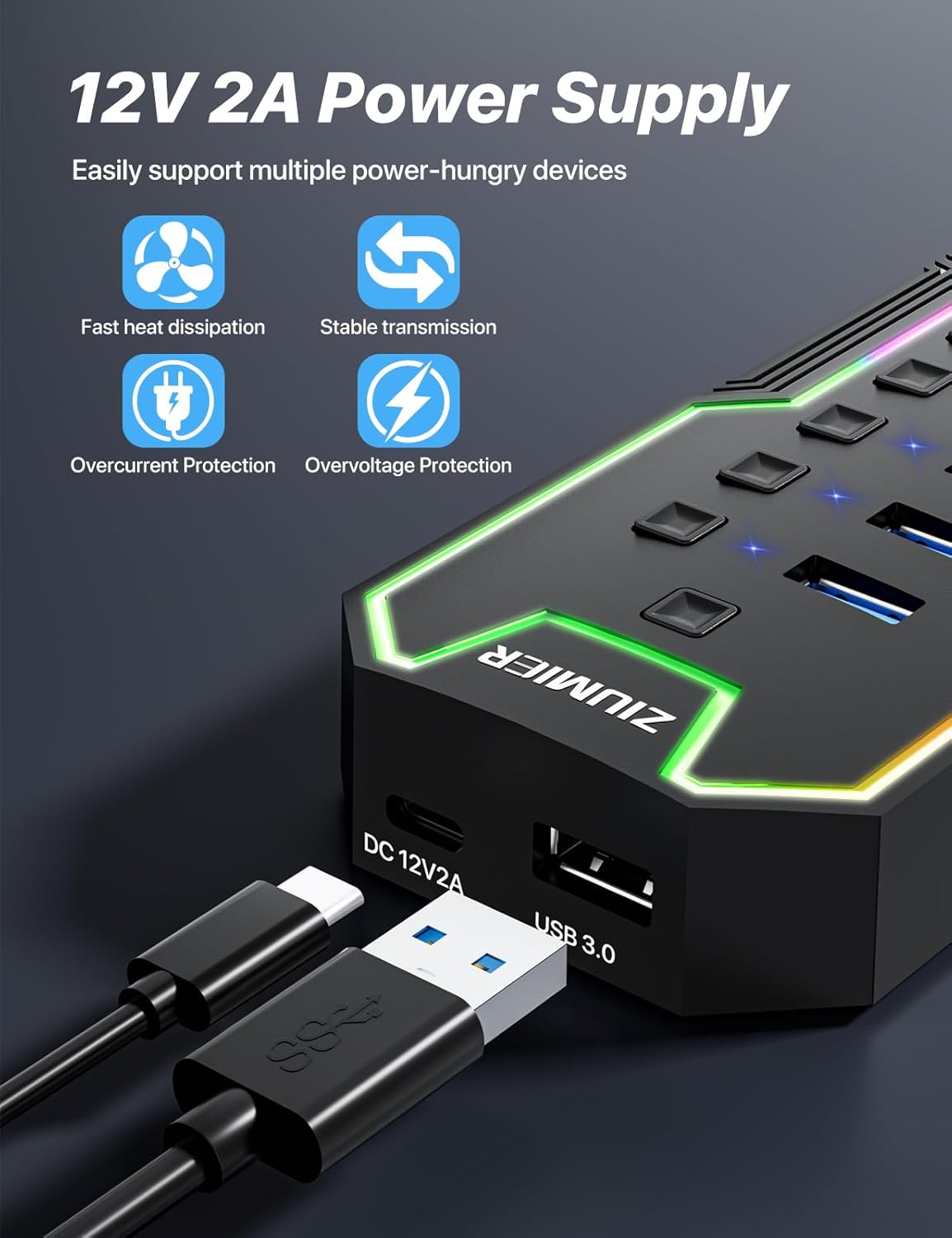 ZIUMIER Powered USB Hub, 10 Ports USB 3.0 Hub with RGB LED Strip and 12V/2A Power Adapter USB Extension,Individual LED On/Off Switches for Mac, PC, Desktop, Flash Drive, Mobile HDD