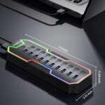ZIUMIER Powered USB Hub, 10 Ports USB 3.0 Hub with RGB LED Strip and 12V/2A Power Adapter USB Extension,Individual LED On/Off Switches for Mac, PC, Desktop, Flash Drive, Mobile HDD
