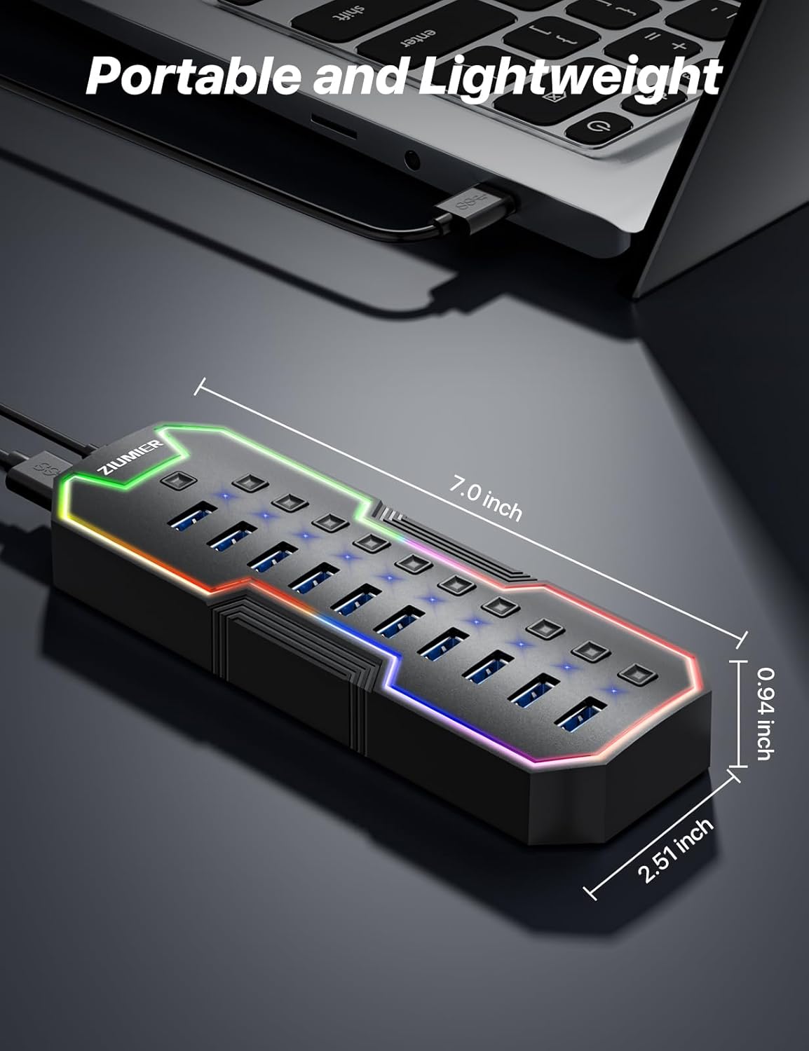 ZIUMIER Powered USB Hub, 10 Ports USB 3.0 Hub with RGB LED Strip and 12V/2A Power Adapter USB Extension,Individual LED On/Off Switches for Mac, PC, Desktop, Flash Drive, Mobile HDD