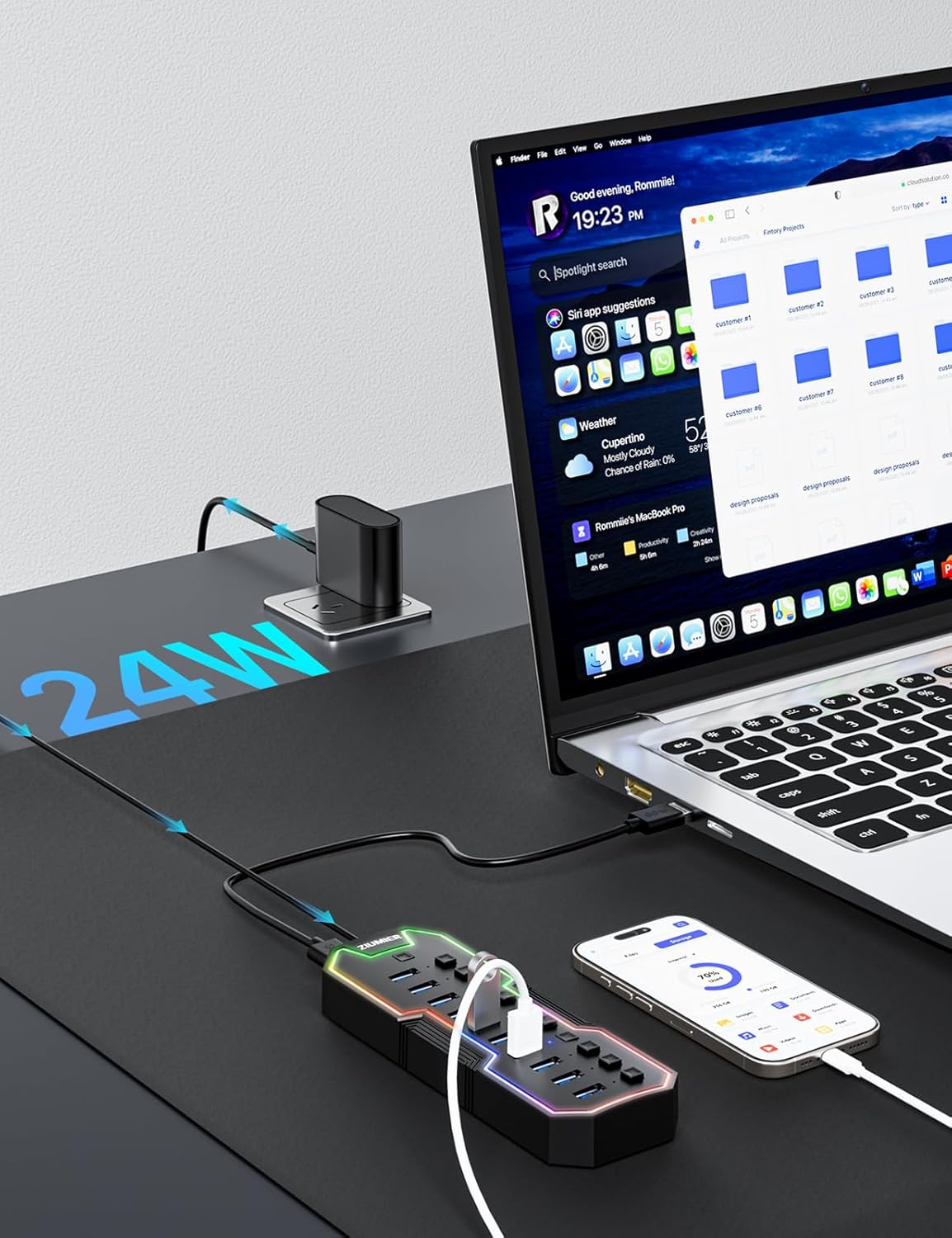 ZIUMIER Powered USB Hub, 10 Ports USB 3.0 Hub with RGB LED Strip and 12V/2A Power Adapter USB Extension,Individual LED On/Off Switches for Mac, PC, Desktop, Flash Drive, Mobile HDD