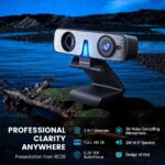 ROCWARE RC08 2K Webcam with Speaker, Webcam for PC, HD Web Cam with Noise Reduction Mic/Harman Speaker/4X Eptz/Privacy Cover/0.2S Auto-Focus/Low Illumination, Computer Camera for Zoom/Teams/Meeting