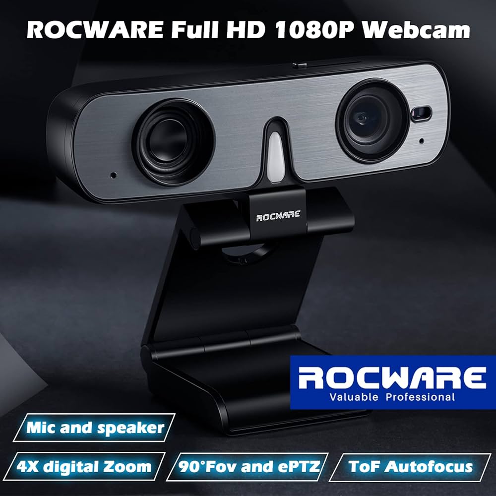 ROCWARE RC08 2K Webcam with Speaker, Webcam for PC, HD Web Cam with Noise Reduction Mic/Harman Speaker/4X Eptz/Privacy Cover/0.2S Auto-Focus/Low Illumination, Computer Camera for Zoom/Teams/Meeting