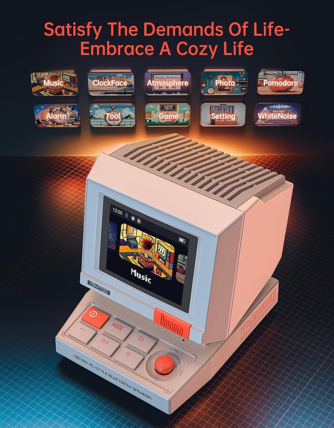 Divoom MiniToo Retro PC-Style Computer Speaker, Smart Pixel Screen with DIY Faces, Bluetooth & USB Audio, Alarm/White Noise Clock, Desk Setup Gift for Bedroom, Office & Gaming