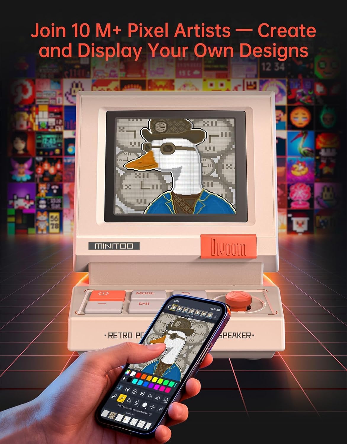 Divoom MiniToo Retro PC-Style Computer Speaker, Smart Pixel Screen with DIY Faces, Bluetooth & USB Audio, Alarm/White Noise Clock, Desk Setup Gift for Bedroom, Office & Gaming