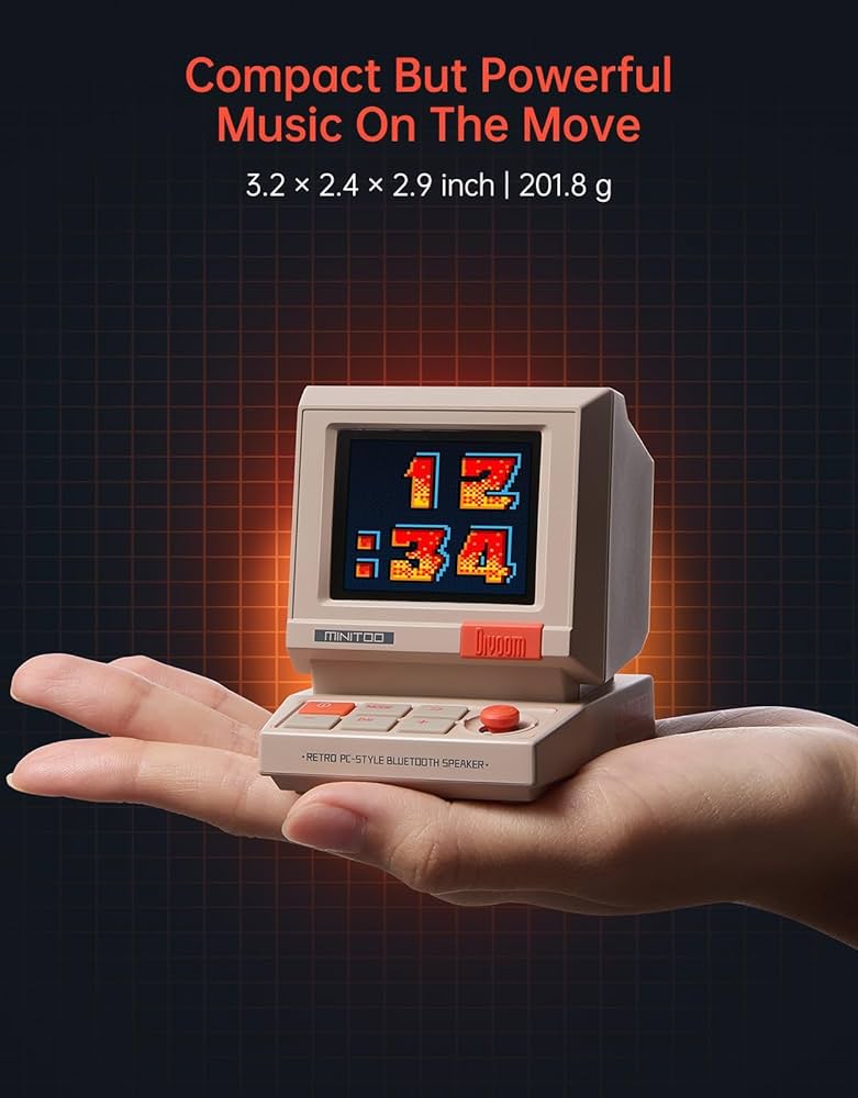 Divoom MiniToo Retro PC-Style Computer Speaker, Smart Pixel Screen with DIY Faces, Bluetooth & USB Audio, Alarm/White Noise Clock, Desk Setup Gift for Bedroom, Office & Gaming