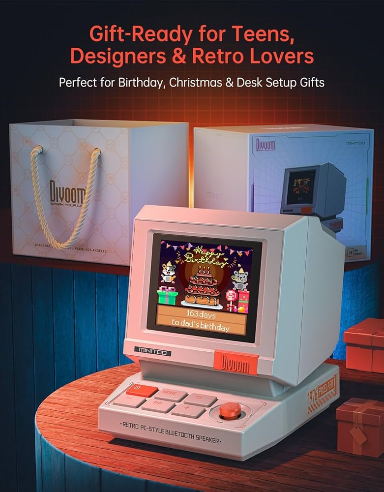 Divoom MiniToo Retro PC-Style Computer Speaker, Smart Pixel Screen with DIY Faces, Bluetooth & USB Audio, Alarm/White Noise Clock, Desk Setup Gift for Bedroom, Office & Gaming