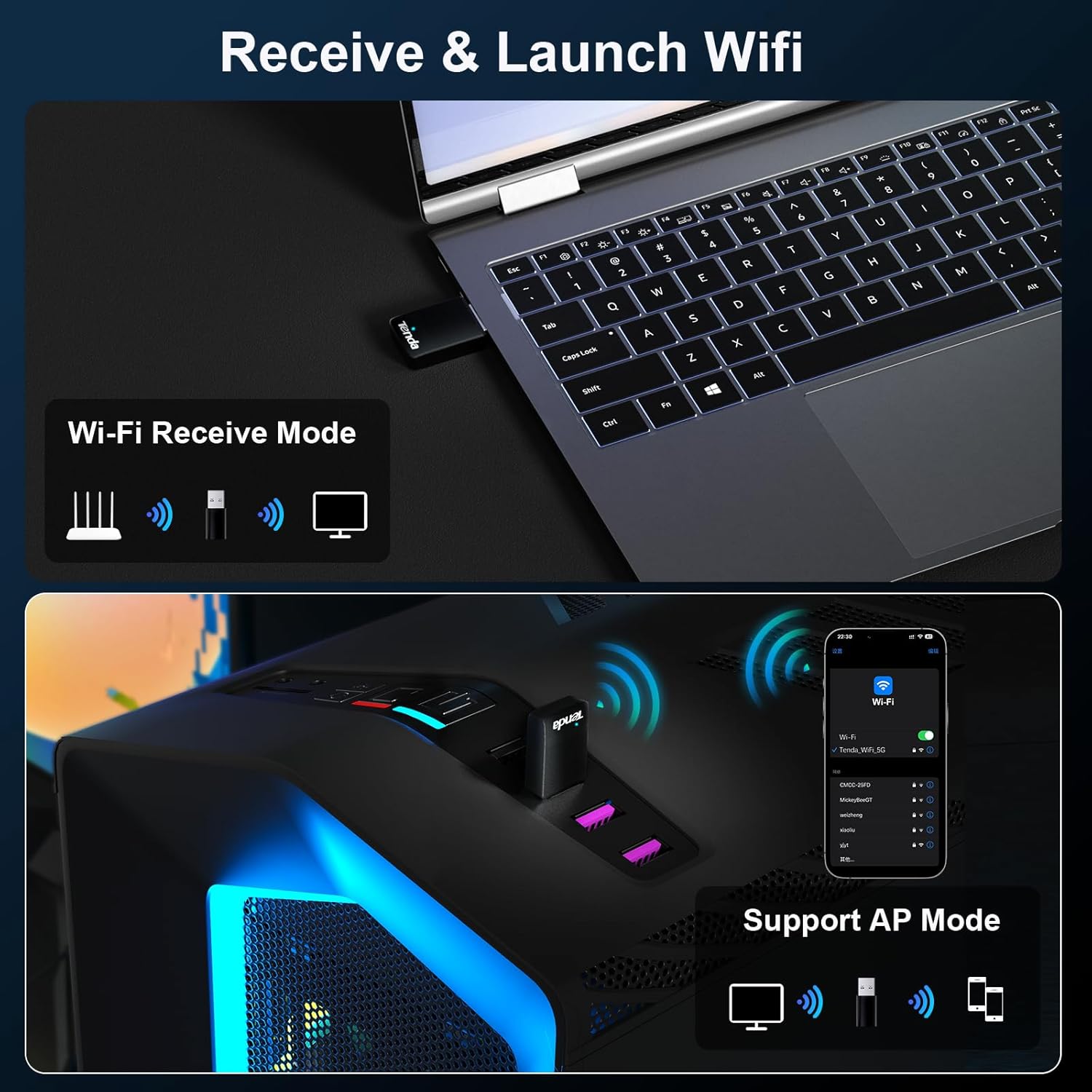 Tenda WiFi Adapter for Desktop PC, AX900 USB WiFi Adapter with Dual Band 600Mbps 5GHz/ 286Mbps 2.4GHz, Built-in Driver for Windows 11/10/7, USB WiFi Dongle(U11) (U11|WiFi 6|AX900)