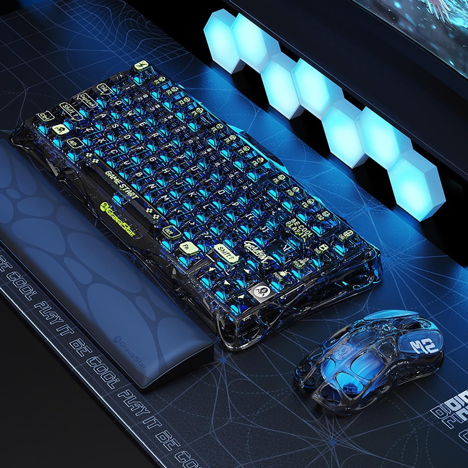 GravaStar Mercury M2 Wireless Gaming Mouse with 26,000 DPI, PAW3395DM Sensor -79g Lightweight Hollowed-Out Design -5 Programmable Buttons -5 Dynamic Lightsync RGB – Transparent Black