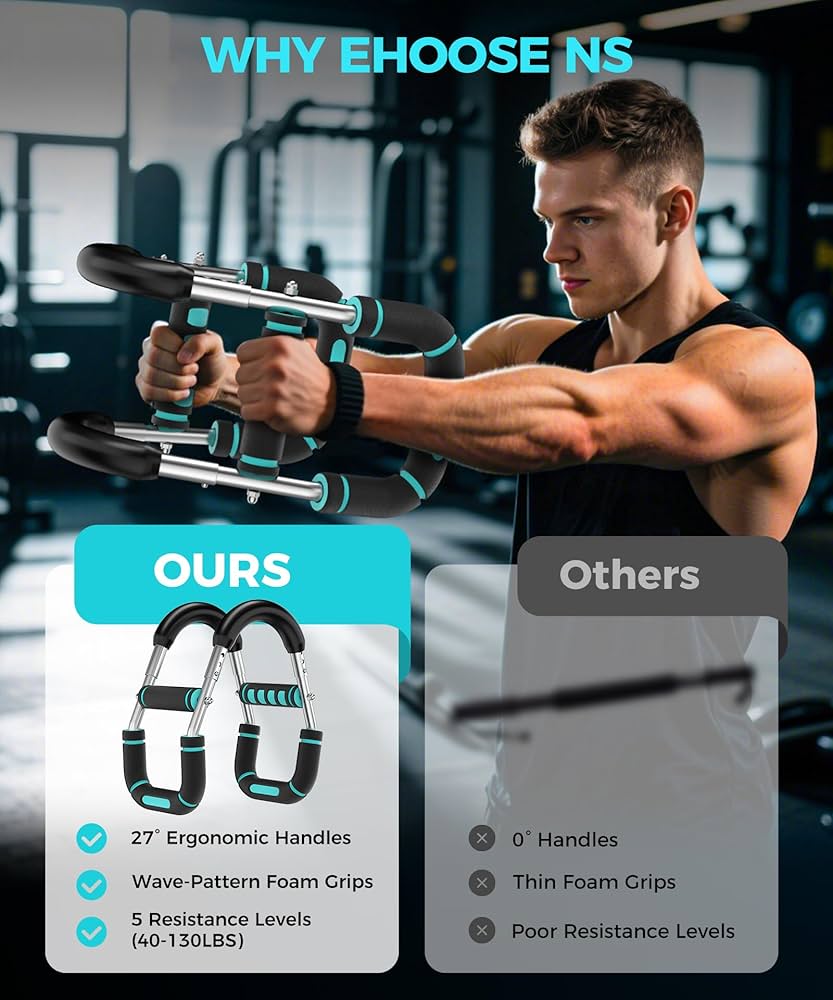 Twister Arm Trainer Chest Workout Equipment for Men & Women, Adjustable 5 Resistance (40-130 lbs) Home Gym Strength Trainer with Anti-Slip Handles & Carry Bag (Light Blue)