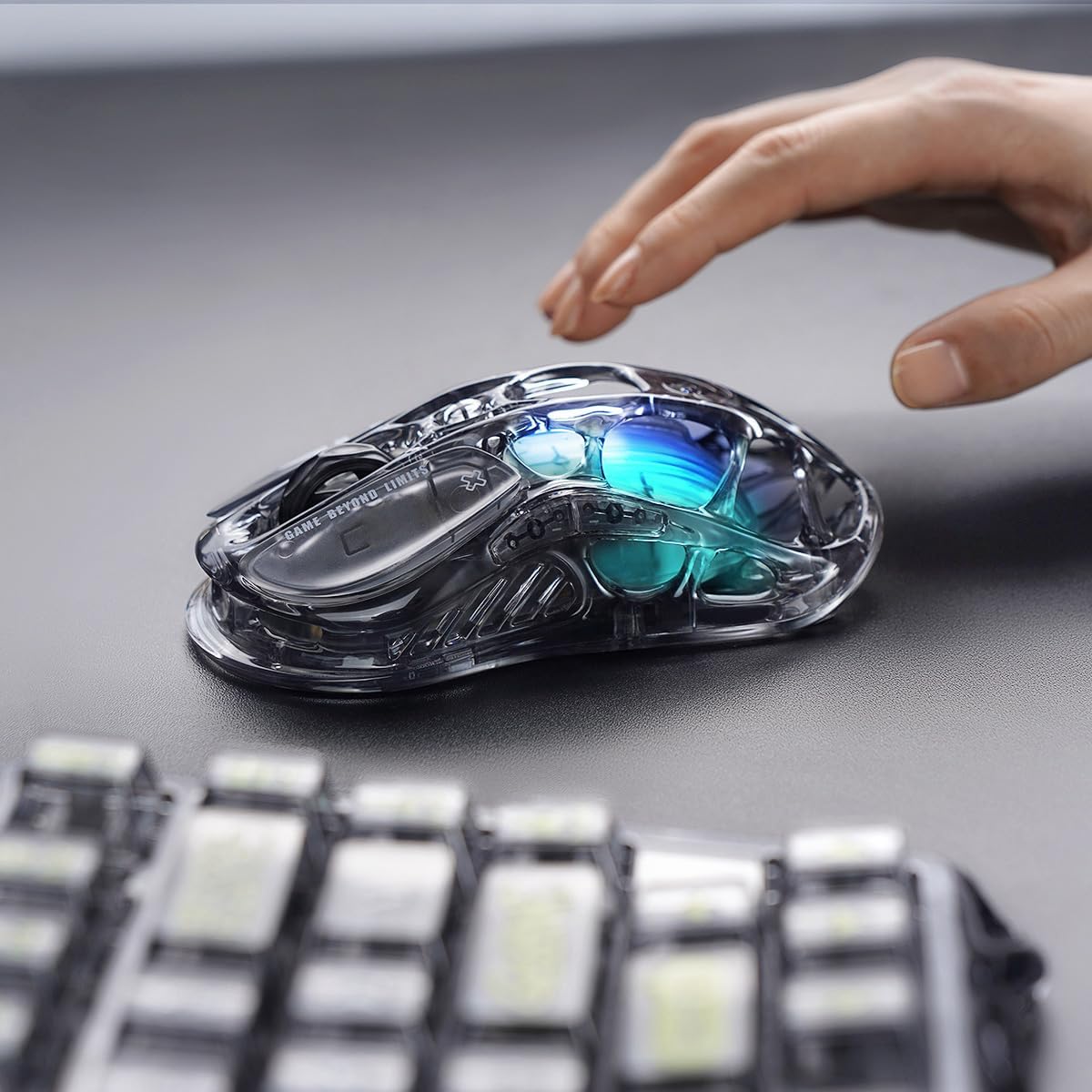 GravaStar Mercury M2 Wireless Gaming Mouse with 26,000 DPI, PAW3395DM Sensor -79g Lightweight Hollowed-Out Design -5 Programmable Buttons -5 Dynamic Lightsync RGB – Transparent Black
