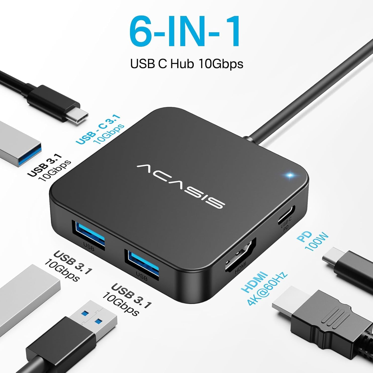 ACASIS USB C Hub 10Gbps, 6-in-1 Multiport Adapter with 4K 60Hz HDMI, 100W Power Delivery, USB A3.2 Data Port, USB C to HDMI Adapter for MacBook, Dell, Lenovo, Surface, iPad PRO, XPS(Black)