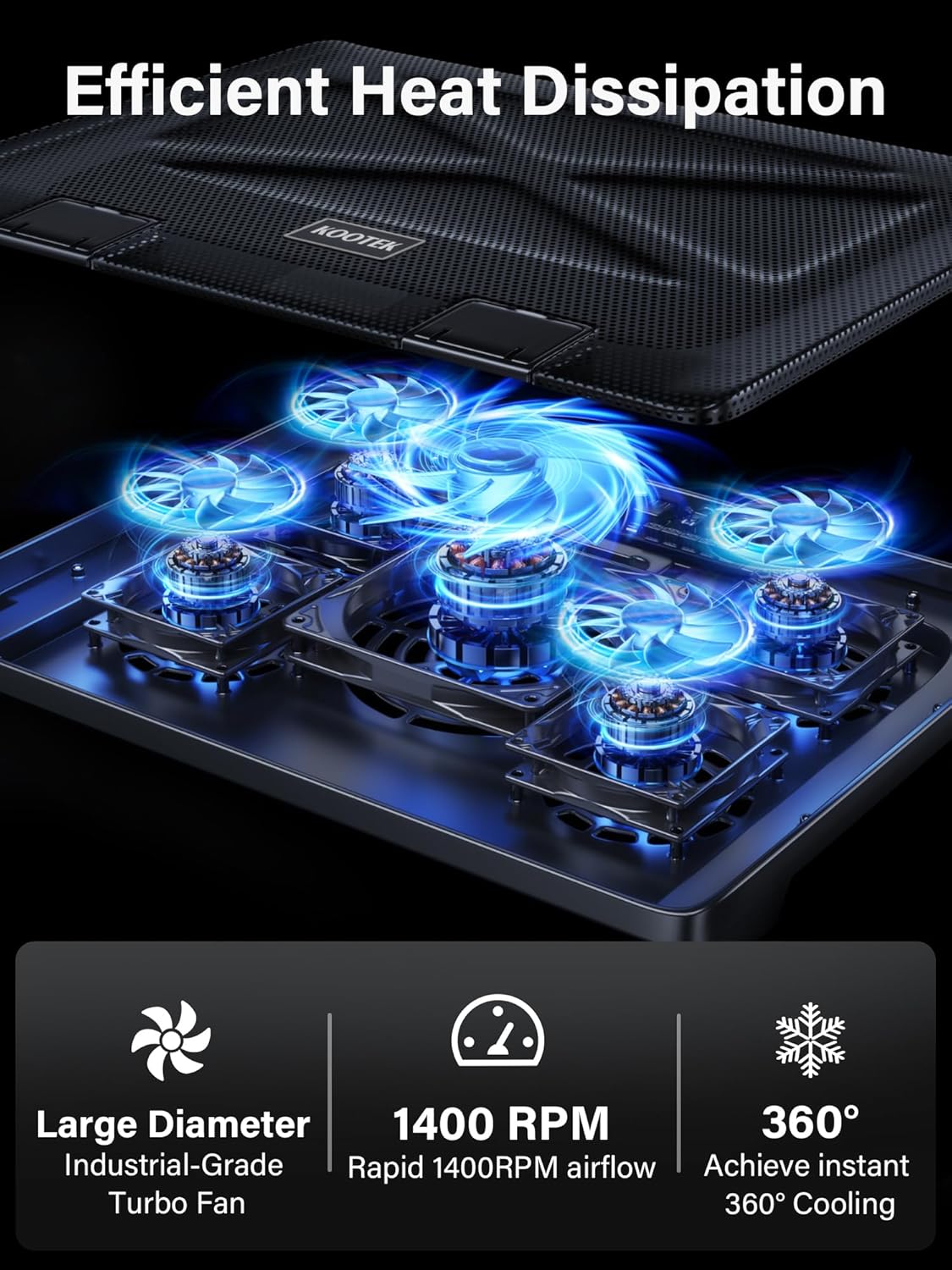 Kootek Laptop Cooling Pad, Laptop Cooler with 5 Quiet Fans for 12″-17″ Computer PC Notebook Gaming Laptop Fan, Height Adjustable Laptop Cooling Stand Laptop Accessories, Blue