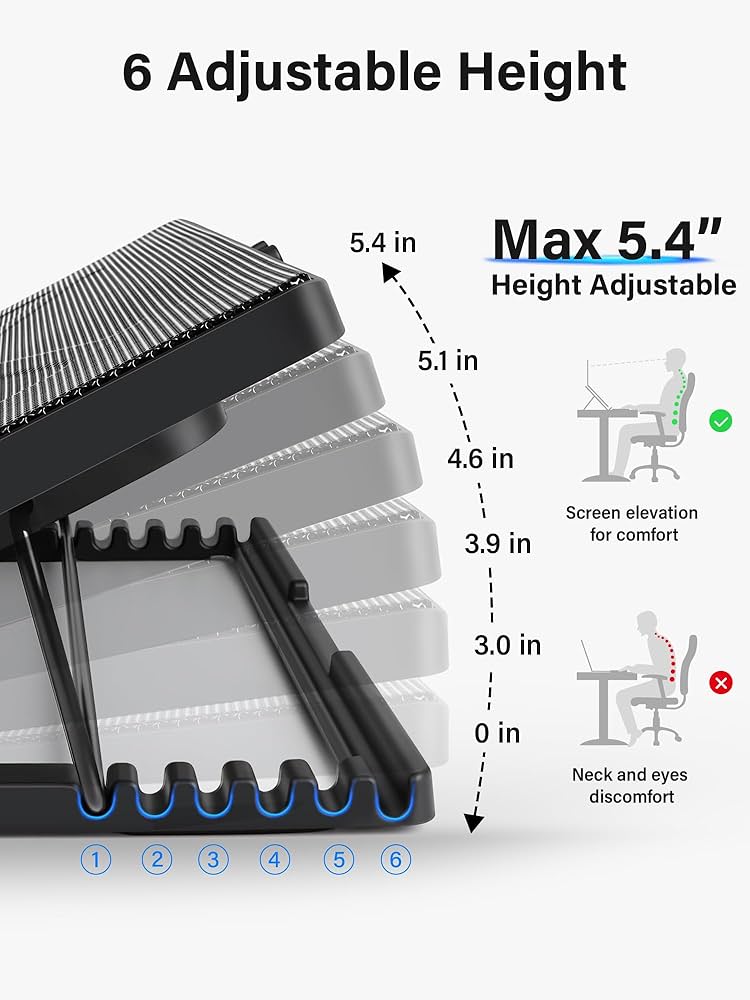 Kootek Laptop Cooling Pad, Laptop Cooler with 5 Quiet Fans for 12″-17″ Computer PC Notebook Gaming Laptop Fan, Height Adjustable Laptop Cooling Stand Laptop Accessories, Blue