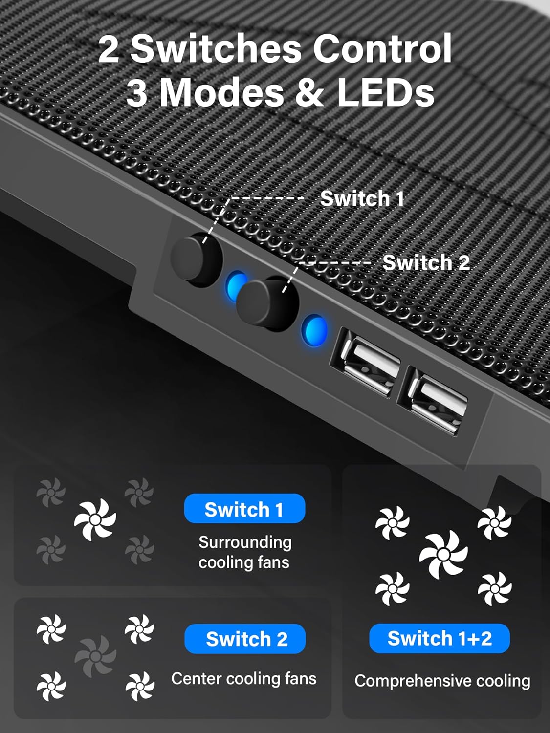 Kootek Laptop Cooling Pad, Laptop Cooler with 5 Quiet Fans for 12″-17″ Computer PC Notebook Gaming Laptop Fan, Height Adjustable Laptop Cooling Stand Laptop Accessories, Blue