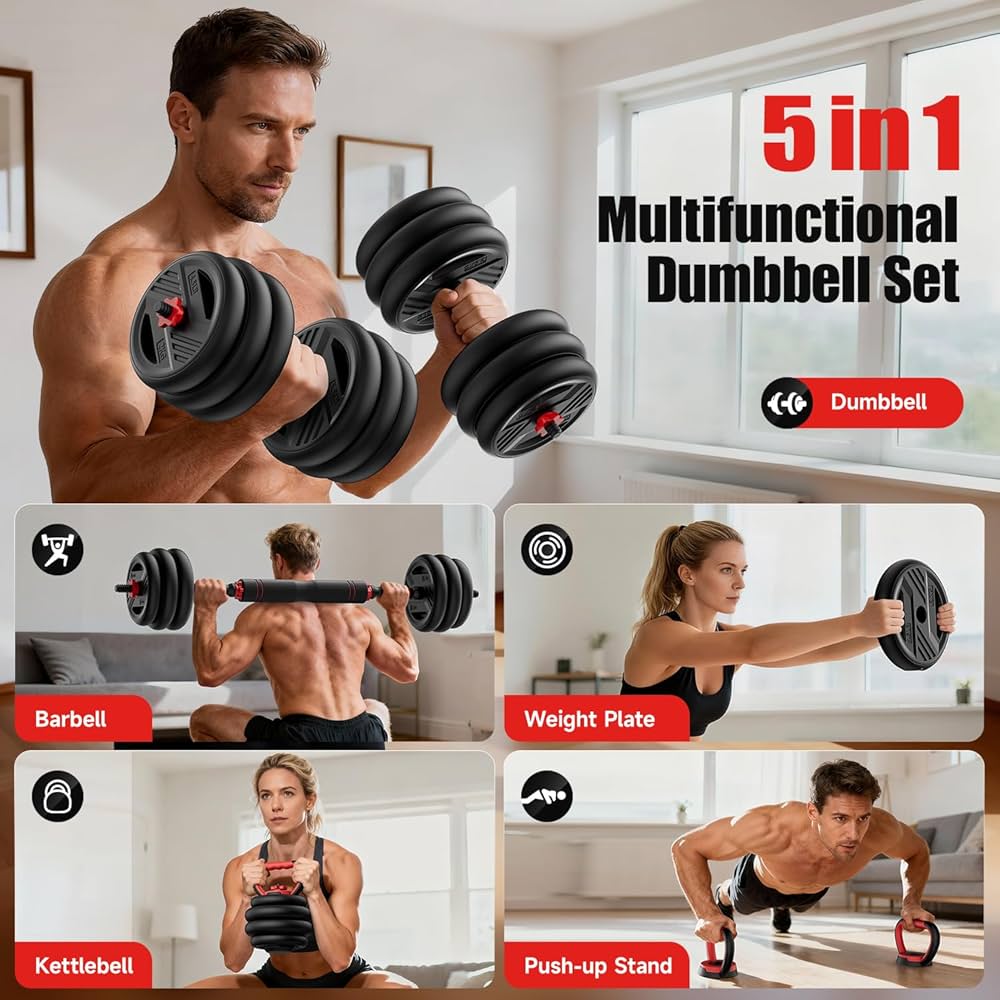 Adjustable Dumbbell Set, 20/30/45/70/90lbs Free Weight Set With Double Locknut, 5-in-1 Dumbbells Set Includes Barbell, Kettlebells, Push up Stand, Weight Plate, Fitness Exercise for Home Gym Suitable Men/Women