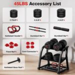 Adjustable Dumbbell Set, 20/30/45/70/90lbs Free Weight Set With Double Locknut, 5-in-1 Dumbbells Set Includes Barbell, Kettlebells, Push up Stand, Weight Plate, Fitness Exercise for Home Gym Suitable Men/Women