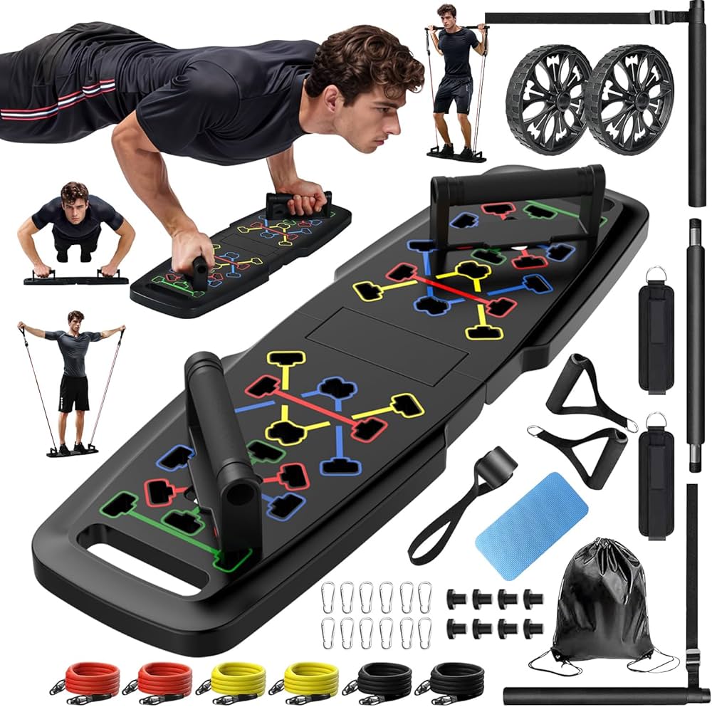 MQRW Push Up Board,Home Gym,Portable Exercise Equipment,Pilates Bar and 20 Fitness Accessories with Resistance Bands and Ab Roller Wheel,Full Body Workout at Home